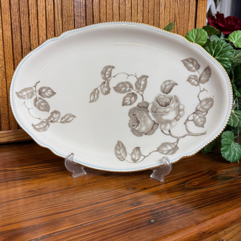 Castleton China Gloria Serving Platter Oval White Gray Blue Rose Gold Trim Good